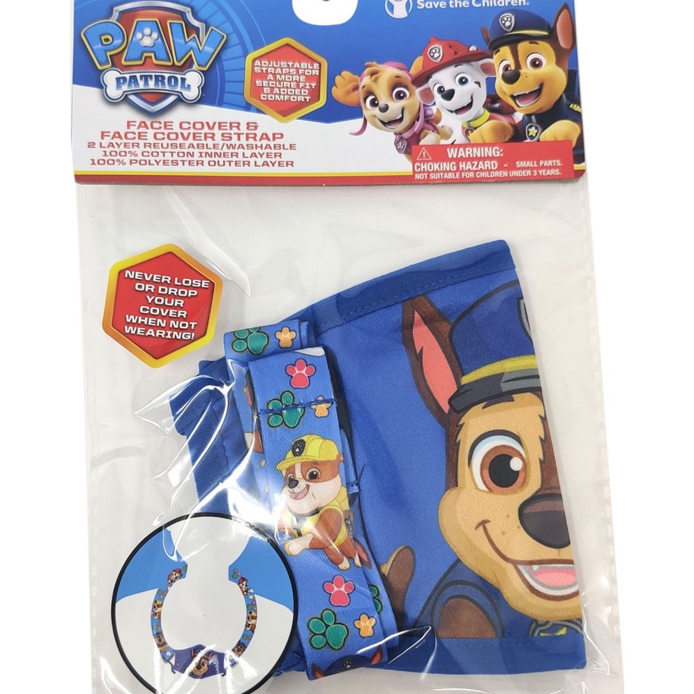 Paw Patrol Chase Resusable Face Masks w/ Blue Neck Strap Set